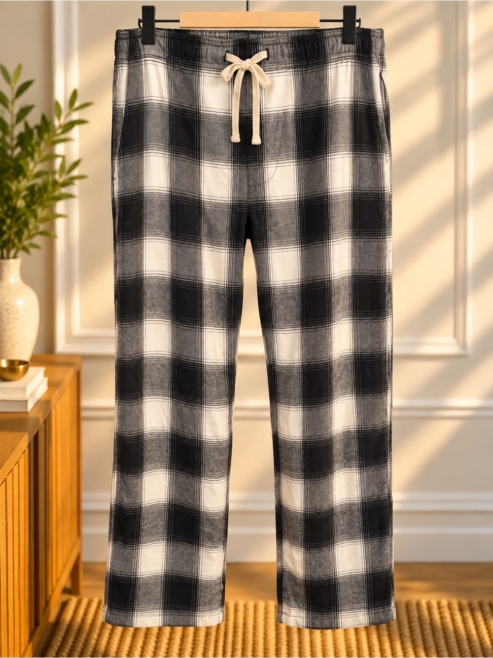 Men’s NWT Plaid Black & White Panama Bottoms XL